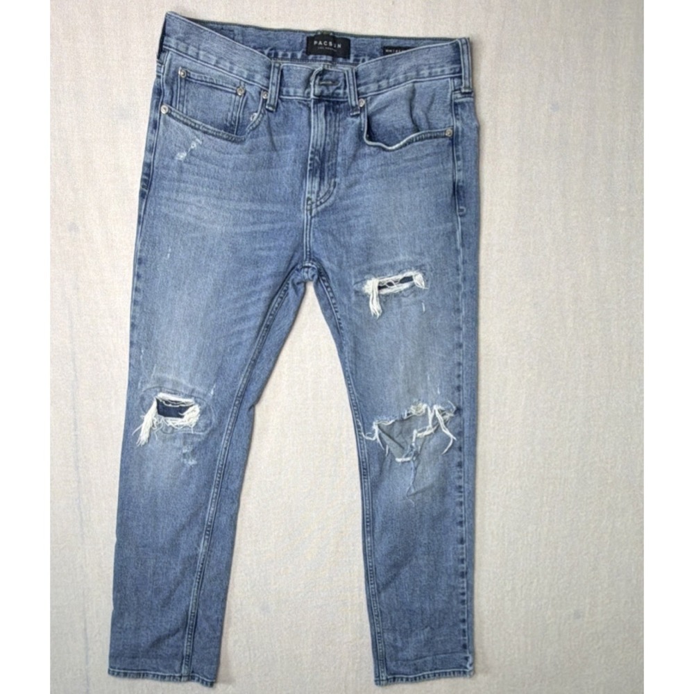 PacSun Men's Slim Fit Stretch Blue Medium Wash Distressed 5-Pocket Jeans